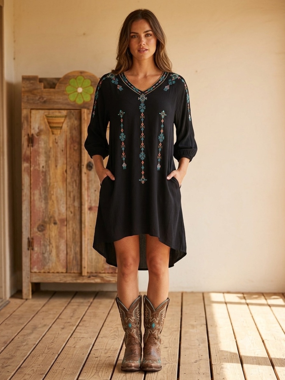 Wrangler Retro Black Dress with Turquoise & Coral Embroidery, hi-low, medium